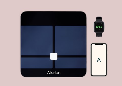 App del Programa Allurion, reloj del Programa Allurion y báscula conectada al Programa Allurion